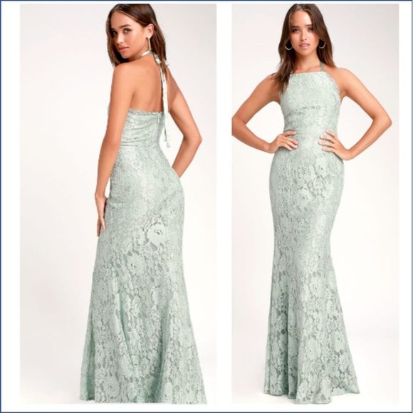 Lulus Dresses & Skirts - Lulu's Maxi Dress Gown sz  M Lace Green Sage Halter Every Memory Prom Mermaid